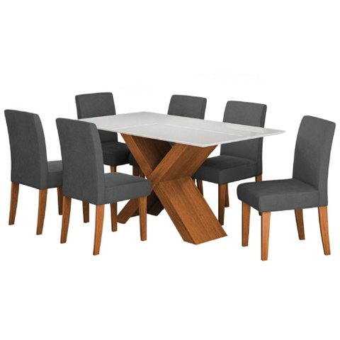 Conjunto de Mesa Sala de Jantar Tampo com Vidro 1,60m Grécia 6 Cadeiras Trieste Dobuê