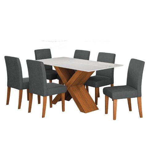 Conjunto de Mesa Sala de Jantar Tampo com Vidro 1,60m Grécia 6 Cadeiras Trieste Dobuê