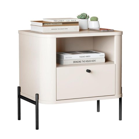 Mesa de Cabeceira Quarto Tucupí Slim 1 Gaveta e Pés de Metal Off White/preto