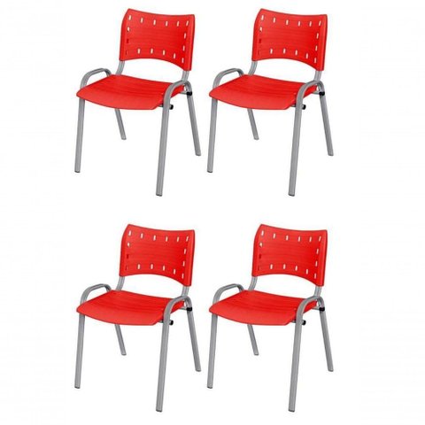 Cadeira Iso Base Cinza Escola, Escritório Vermelho Kit 4 Un