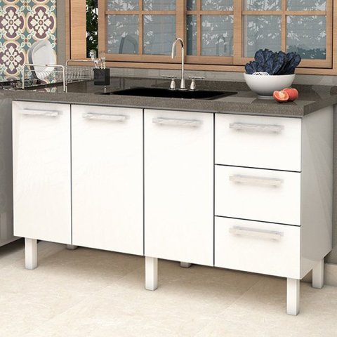 Balcão para Pia de Cozinha 150cm 3 Portas 3 Gavetas Vênus Yescasa Branco