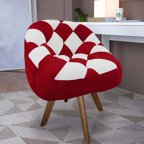 Poltrona Paloma Escritório Sala Giratória Madeira Suede Vermelho e Suede Branco - Dominic Decor