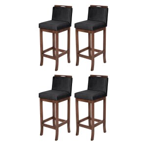 Kit 4 Banquetas Alta para Cozinha Turim Madeira Capuccino Suede Preto CCS