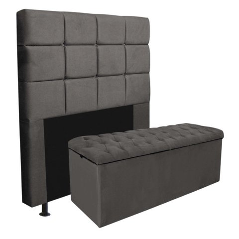 Kit Cabeceira + Calçadeira Baú Espanha 90cm Solteiro para Cama Box Suede Cinza - Gat Magazine