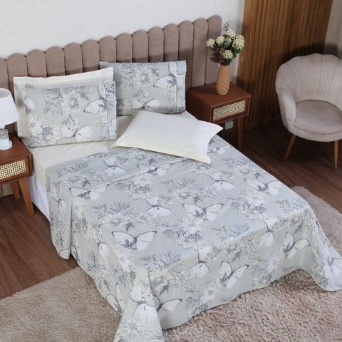 Jogo de Cama Casal 6p Lençol + Fronha Esmeralda Percal 100% Algodão:borboleta Palha