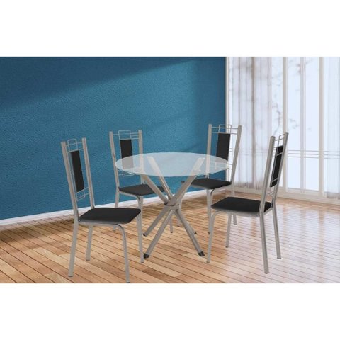 Conjunto: Mesa Sala Jantar Volga C/ Tampo de Vidro 95cm e 4 Cadeiras Florença Niquel - Courano