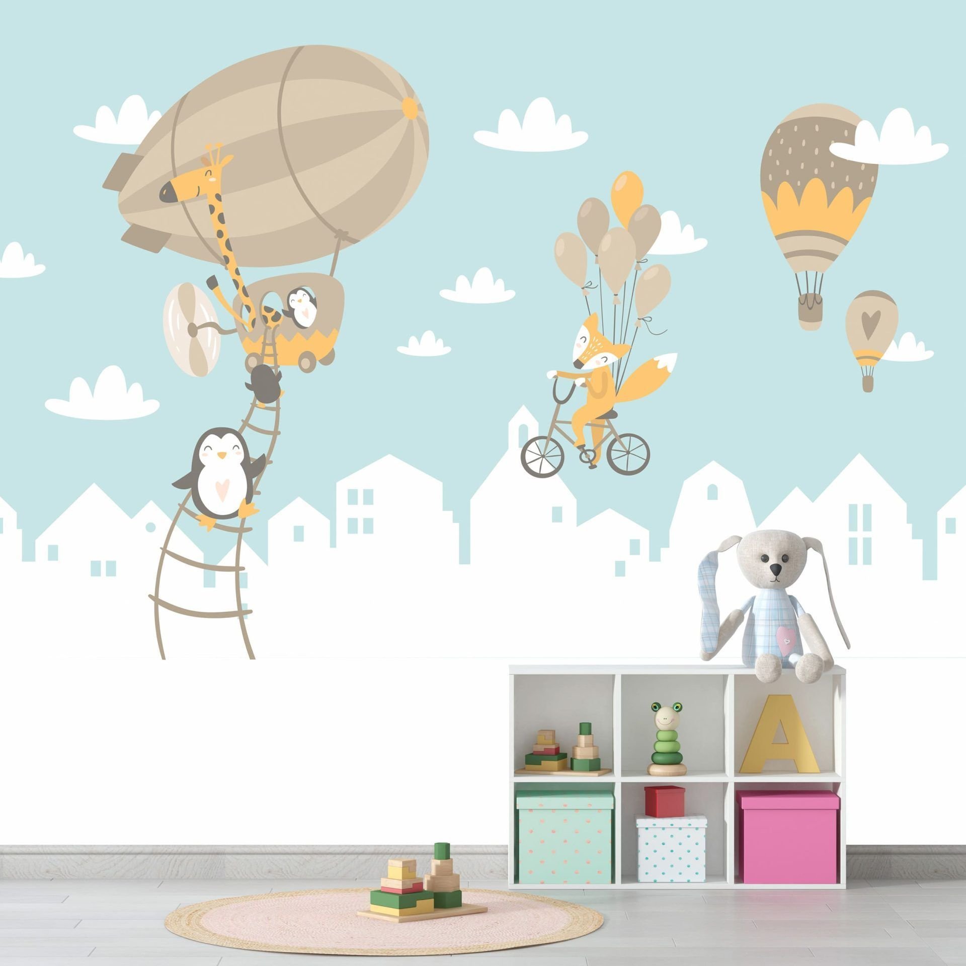 Papel de Parede Adesivo Menino Raposa e Pinguins - Painel - 1