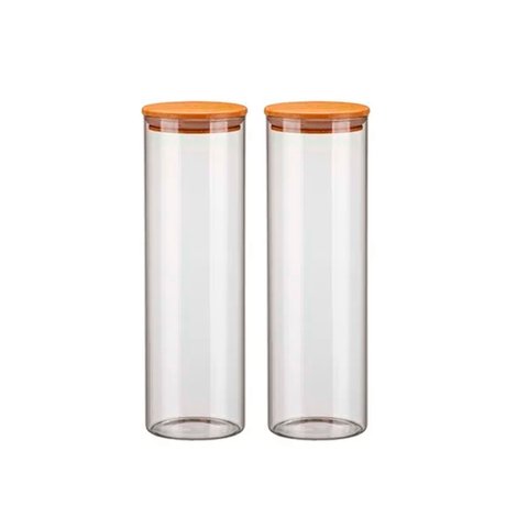 Kit 2 Potes de Vidro 2000ml com Tampa de Madeira Bambu Porta Condimentos Hermético