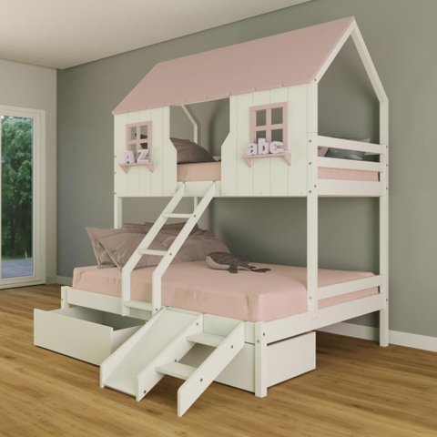 Beliche Casal/ Solteiro Casinha Encantada com 02 Gavetas Kit Escada/ Escorregador Madeira Maciça