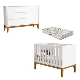 Berço Americano e Cômoda New Classic Branco com Pés Madeira e Colchão Gazin – Reller - 1