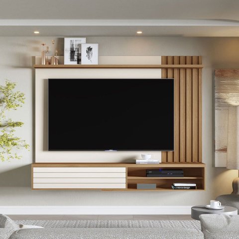Painel para TV até 72 Polegadas Munique 1 Porta Ripado Off White/Freijó - Giga Móveis