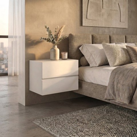 Kit Mesa de Cabeceira Suspensa Eros 45cm Off White 2 Gavetas MDF