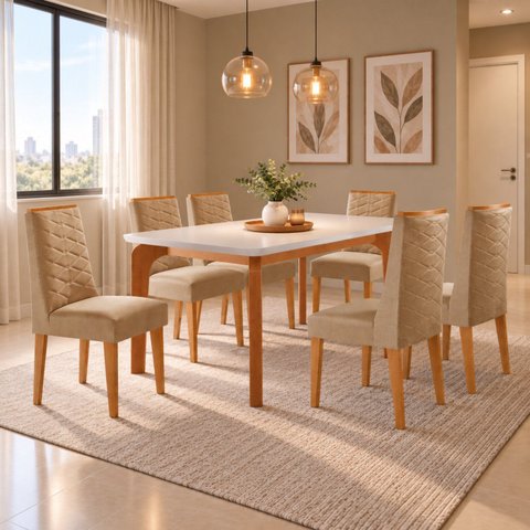 Conjunto de Mesa de Jantar Dublin 180 Tp MDF Laminado Canto Copo 6 Cadeiras Estela