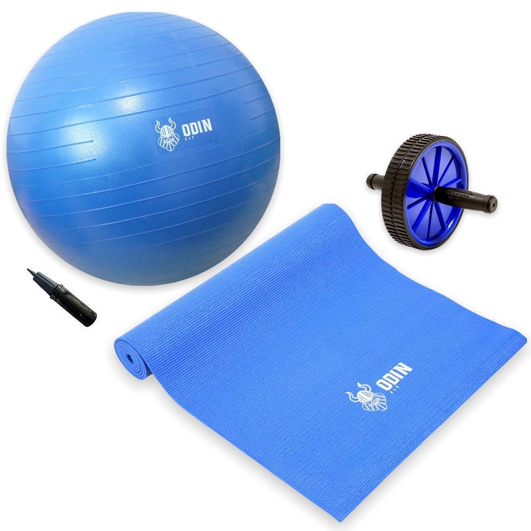 Kit Bola Suiça 65cm Gym Ball Roda Abdominal Tapete Yoga Odin