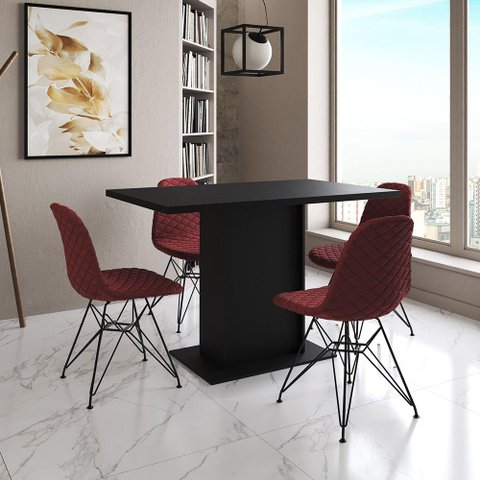 Mesa Jantar Londres Tampo Preto 120cm 4 Cadeiras Ferro Preto Estofado Vermelho