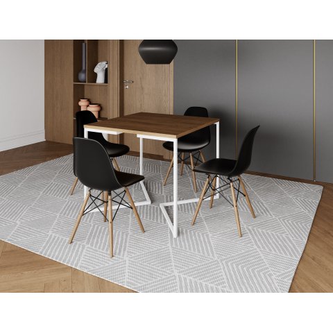 Mesa Industrial Base Ferro Branco em V Tampo 90x90 Amendoa 4 Cadeiras Eames Madeira Assento Preto