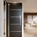 Ver imagem 1 de Porta de Alumínio de Giro Lambri 215cm x 95cm Puxador de 60 cm com Friso e Visor Lucasa Ideale Preto