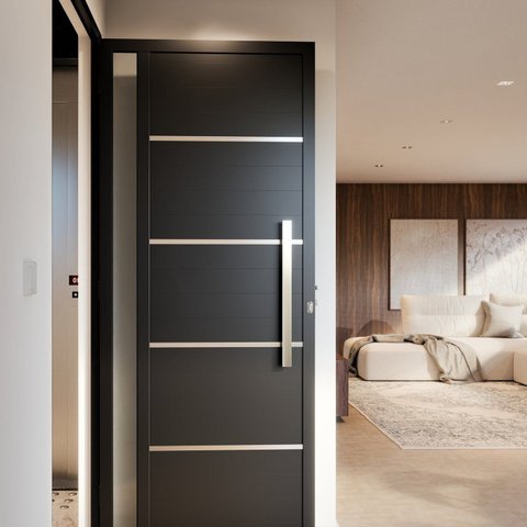 Porta de Alumínio de Giro Lambri 215cm x 95cm Puxador de 60 cm com Friso e Visor Lucasa Ideale Preto