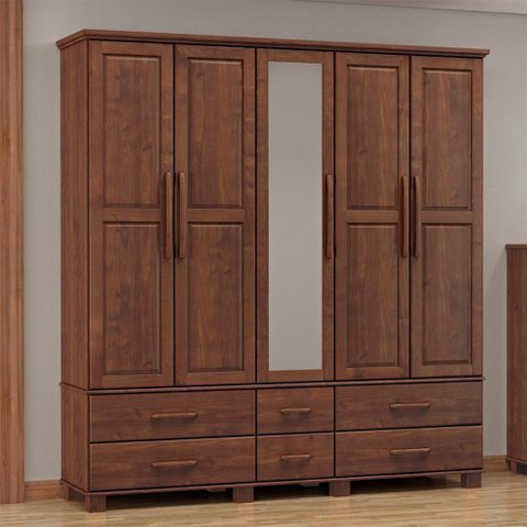 Guarda Roupa Bipartido 5 Portas e 6 Gavetas Linha Ouro Madeira Maciça 2253wn Café Finestra