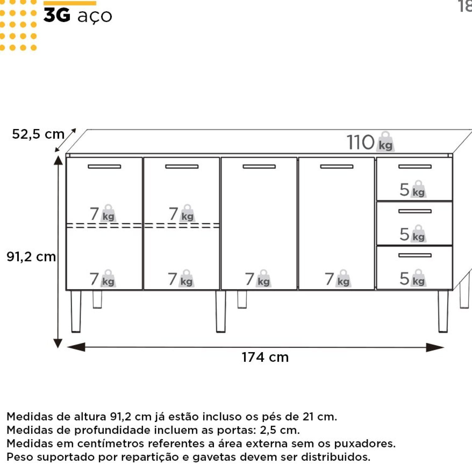 Balcão para Pia de Cozinha 180cm 4 Portas 3 Gavetas Vênus  - 4