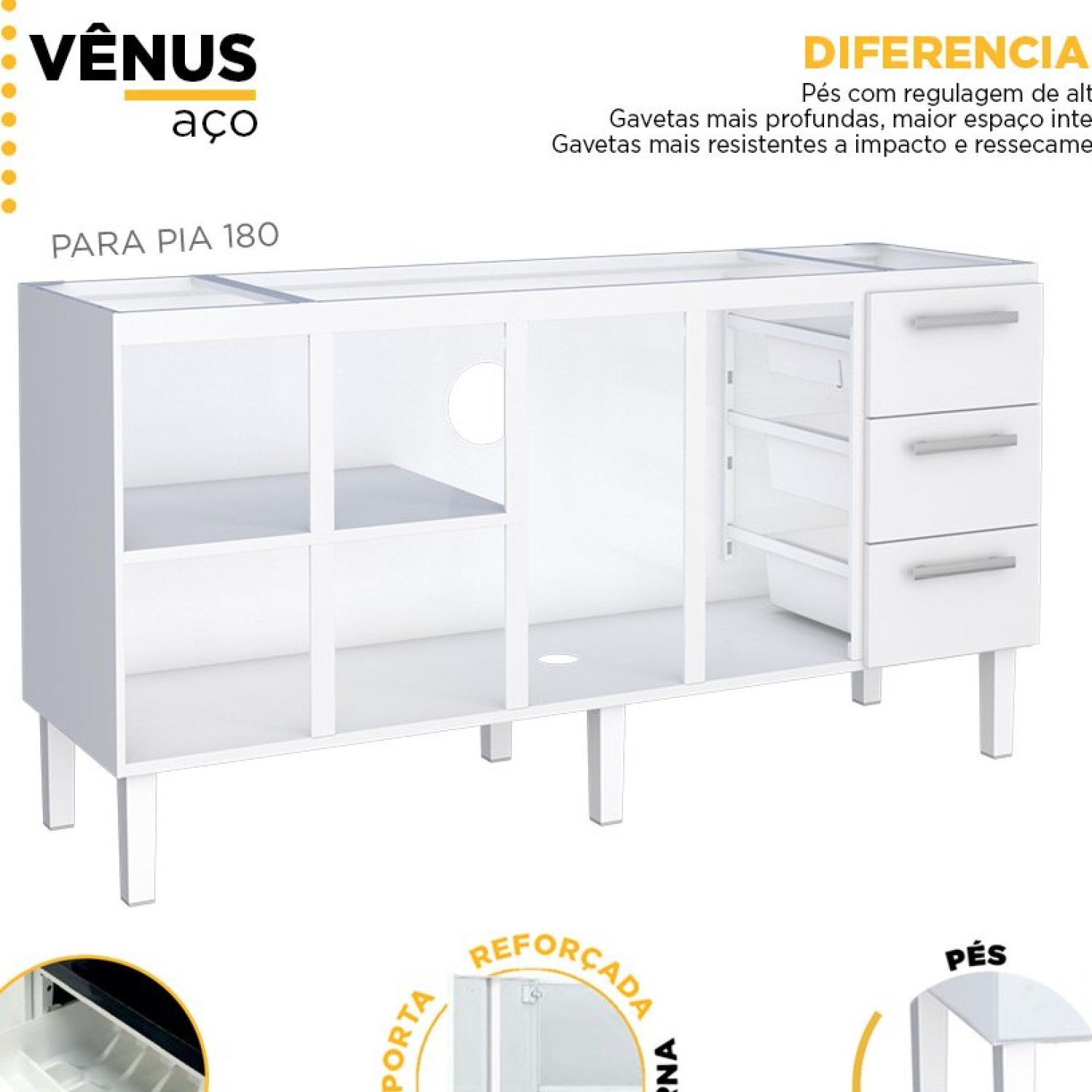 Balcão para Pia de Cozinha 180cm 4 Portas 3 Gavetas Vênus  - 2