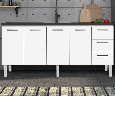 Balcão para Pia de Cozinha 180cm 4 Portas 3 Gavetas Vênus Yescasa Branco
