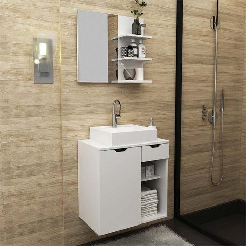 Kit Lavabo com Gabinete Suspenso, Cuba e Espelho Branco Tecno Mobili