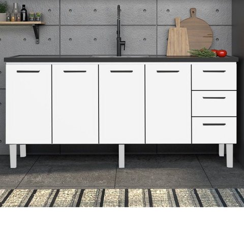 Balcão para Pia de Cozinha 200cm 4 Portas 3 Gavetas Vênus Yescasa Branco