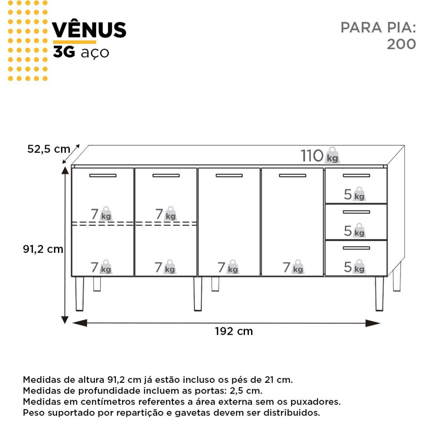 Balcão para Pia de Cozinha 200cm 4 Portas 3 Gavetas Vênus  - 4