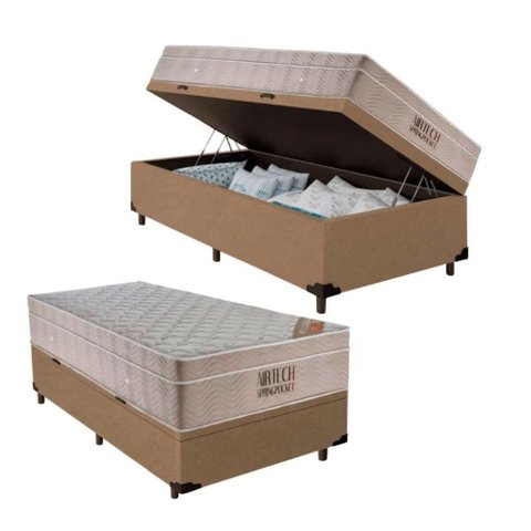 Cama Box Baú Solteiro + Colchão de Molas Ensacadas Ortobom Airtech Bege 88cm Suporta até 150 Kg