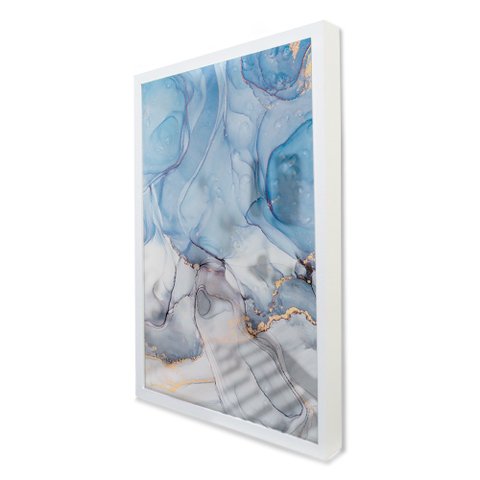 Quadro Decorativo Caixa Alta com Vidro Abstrato Mármore Azul Claro TaColado Moldura Branca 120 x 80c
