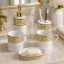 Ver imagem 2 de Jogo para Banheiro e Lavabo em Porcelana Branco com Dourado 5 Peças