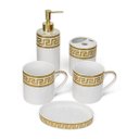 Ver imagem 1 de Jogo para Banheiro e Lavabo em Porcelana Branco com Dourado 5 Peças