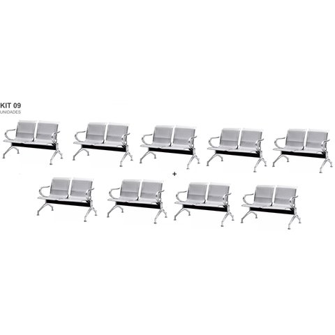 Kit com 9 Cadeiras Longarina Aeroporto Cromada 2 Lugares