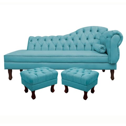 Divã Recamier Namoradeira Larissa 140cm com Capitonê - Esquerda + 02 Puffs Retrô Suede
