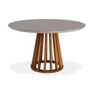 Mesa de Jantar Redonda Madeira Ripada Tampo Laca com Vidro - Rota:130cm