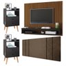 Kit 2 Mesas Canto Quarto Painel Tv 50 Polegadas Ripado Freijó/preto Cabeceira Cama Casal 1,40 - 1