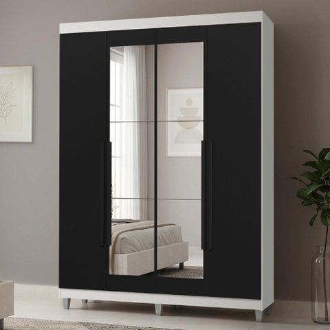 Guarda-Roupa Solteiro com Pés 4 Portas Batentes com Espelho Branco/Preto/Preto Netuno Madesa