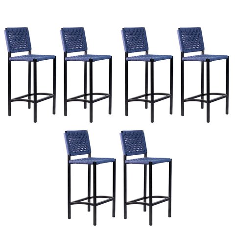 Banqueta Corda Náutica - Preta Azul – Kit 6 – Gourmet, Varanda e Living
