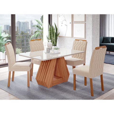 Conjunto Sala de Jantar Ágata Tampo em Mdf e Vidro com 4 Cadeiras Paola Cimol