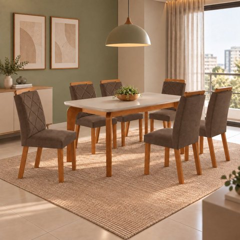 Conjunto de Mesa de Jantar Dublin 180 Tp MDF Vidro Canto Copo 6 Cadeiras Irlanda