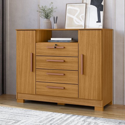 Cômoda para Quarto 2 Portas e 4 Gavetas com Chave 120,5cm com Pés Floripa Marrom/Carvalho Americano