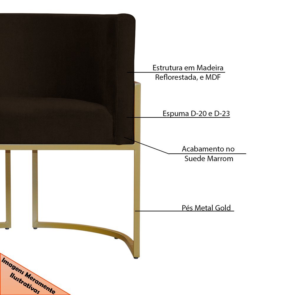 Kit 3 Poltronas Decorativa Sala de Estar Luana Base Gold Suede Marrom - Montanaris Decor Md Montanar - 6