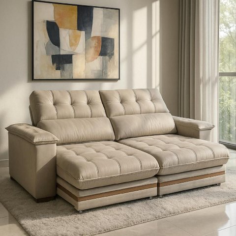 Sofá 4 Lugares 2,50m Retrátil e Reclinável Turim Bom Pastor Veludo Bege