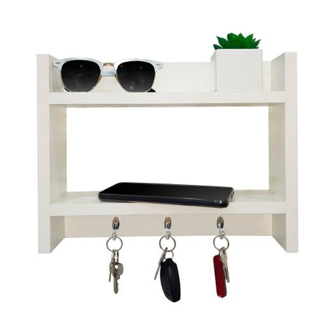 Porta Chaves de Parede com Suporte Carteira Celular 25 x 30cm Branco