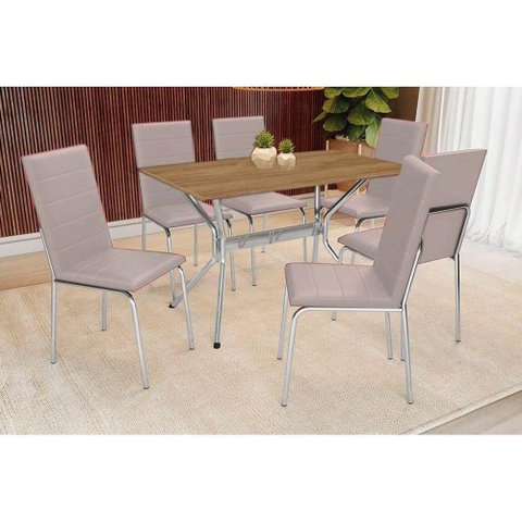 Conjunto: Mesa de Cozinha Loire C/ Tampo de Madeira 160cm e 6 Cadeiras Amsterdã Cromada/nude 16 -