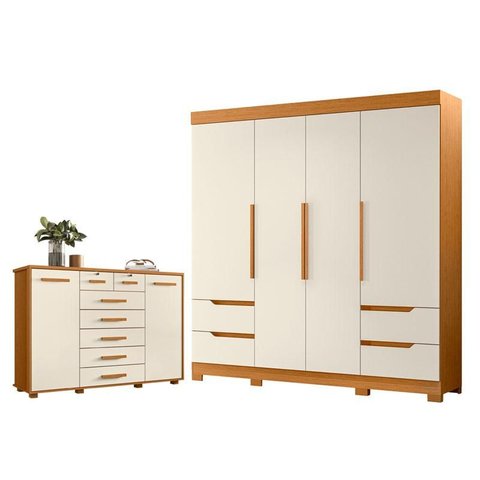 Guarda Roupa Solteiro Vivacce 04 Portas e Cômoda Fontana Cinamomo Off White - Móveis Albatroz