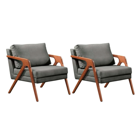 Kit 2 Poltronas Mona Luxo Madeira Maciça Tecido Linho Cinza