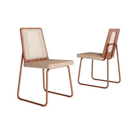 Cadeira Sala de Jantar Wood 1751 Aço Kit 2 Uni Rose/freijo Tela/linho Areia - Carraro