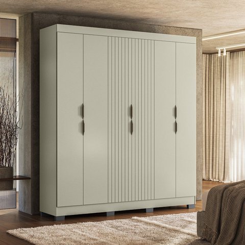 Guarda-Roupa Casal Ripado 6 Portas 2 Gavetas – Olivar Móveis Cinza/Off White Ac